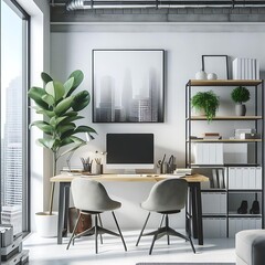 A Room with a mockup poster empty white and with a computer desk in office and a plant art used for printing lively realistic has illustrative.