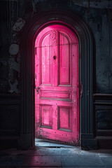 An open pink door. The door is opened in half. There is white light coming out of the door. It has an illusory but real texture. It is a surreal idea