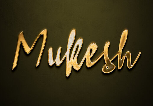 Old gold text effect of Hindi name Mukesh with 3D glossy style Mockup	