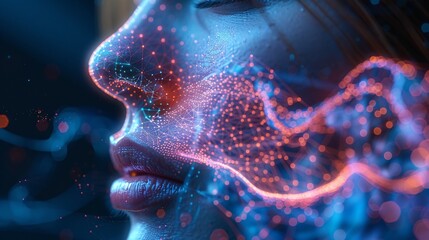 Close-up of Womans Nose with Futuristic Digital Elements and Glowing Particles