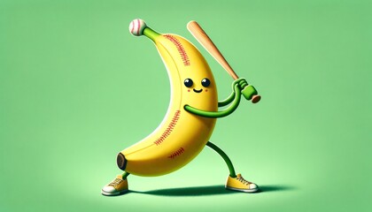 A banana playing baseball, isolated on a green background.