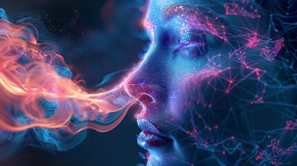 Close-up of Womans Nose with Futuristic Digital Elements and Glowing Particles