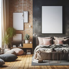 bedRoom with a mockup poster empty white and sets have mockup poster empty white have mockup poster empty white with a bed and a brick wall art lively card design.