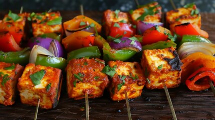 Freshly made paneer tikka skewers with vibrant bell peppers and onions