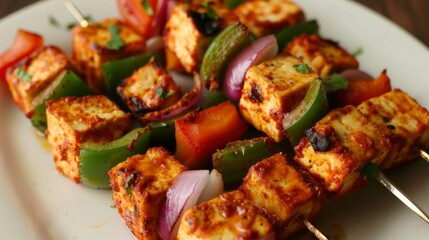Freshly made paneer tikka skewers with vibrant bell peppers and onions