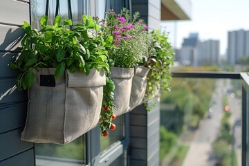 Balcony herb garden concept. Modern horizental lush herb garden planter bags hanging on city apartment balcony wall