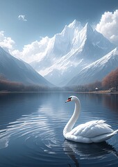 Majestic Swan Gliding on Serene Lake with Snow-Capped Mountains in Background
