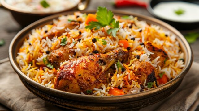 Freshly prepared biryani rice with chicken, garnished with herbs and served with raita