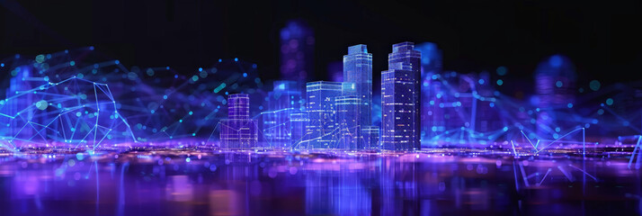 A futuristic cityscape with holographic skyscrapers and glowing data streams, representing the next dimension of urban technology and digitalization in smart cities.dark blue background 