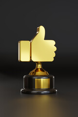 Golden thumbs up trophy isolated on black background. 3d illustration.