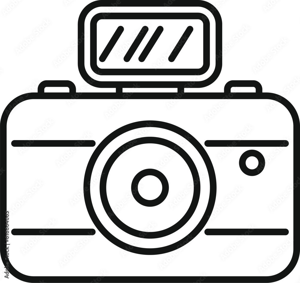 Poster black and white line drawing of a retro camera with a flash, perfect for icons or logos