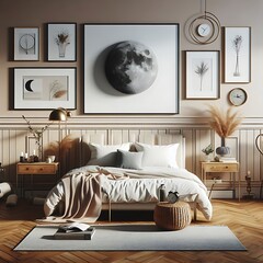 bedRoom with a mockup poster empty white and sets have mockup poster empty white have mockup poster empty white with a bed and pictures on the wall meaning card design realistic.