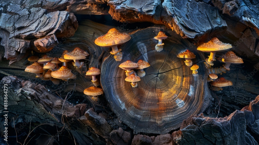 Poster fungi of various shapes and sizes thriving on the decomposing wood of a tree trunk
