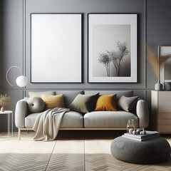 living room space have couch with pillows and a table with two pictures on the wall used for printing card design color.