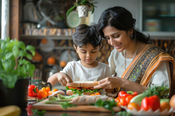 indian mom and son making sandwich in the kitchen