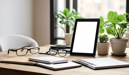Tablet PC with white blank screen at a desk