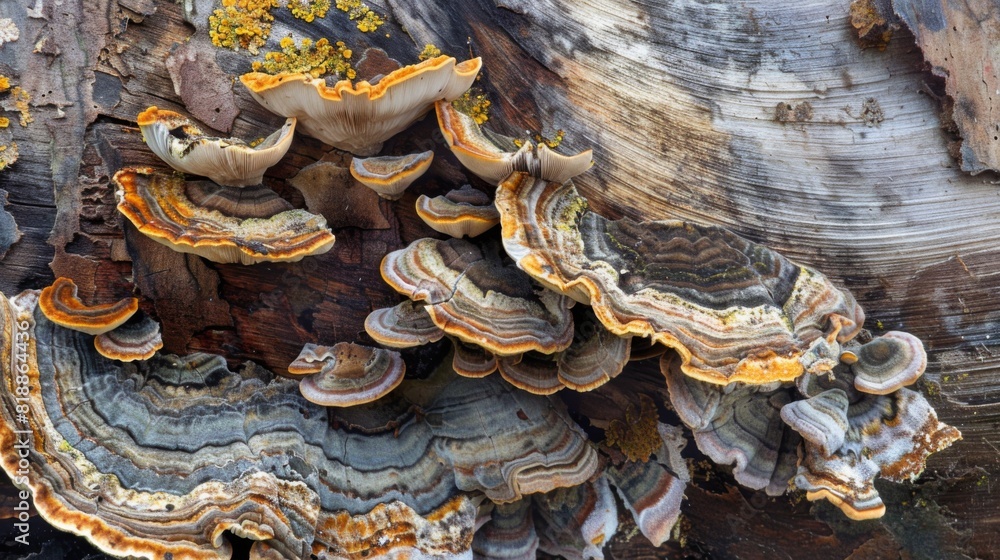 Poster Fungi of various shapes and sizes thriving on the decomposing wood of a tree trunk