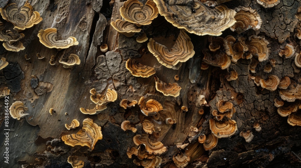 Poster fungi of various shapes and sizes thriving on the decomposing wood of a tree trunk