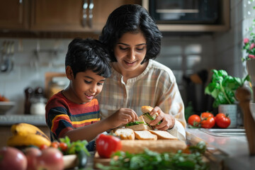 indian mom and son making sandwich in the kitchen