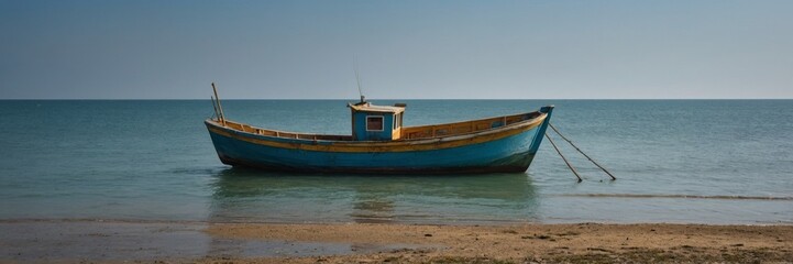 Obraz premium A fishing schooner on the shore of a picturesque bay.
