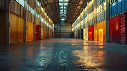 an empty warehouse with red and yellow doors