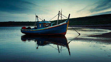 Obraz premium A fishing schooner on the shore of a picturesque bay.