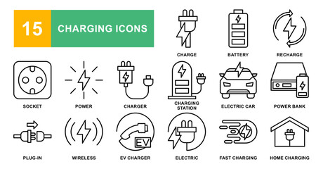 Charging icon set. Containing charge, battery, energy, electricity, charger, recharge, electric car and charging station icons. Solid icon collection. Vector illustration.