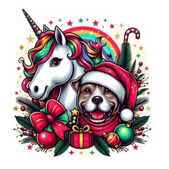 A unicorn and dog in a wreath realistic lively attractive realistic.