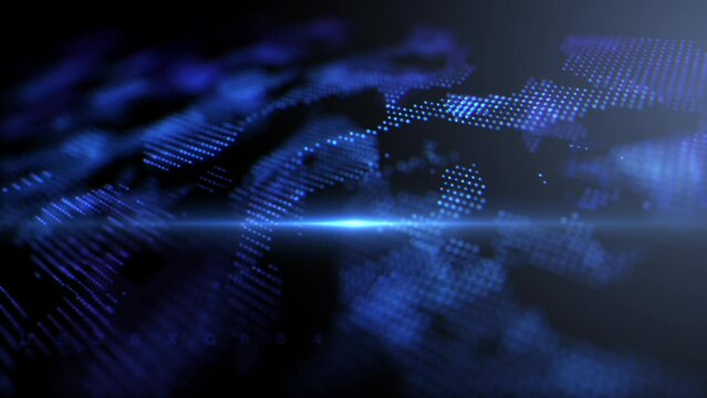 Abstract looped background. Neon blue cyber digital map of the world. Hacker glowing tech background. Blurred texture tech background. Scientific calculations of numbers. Intro background made of dots