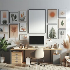 A desk with a computer and a chair and a plant on the wall used for printing realistic art harmony.