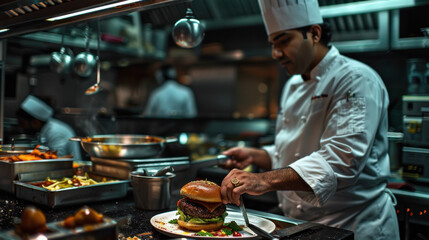 Indian chef making burger at restaurant kitchen