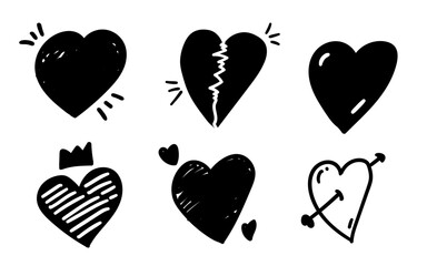 Set of black and white hearts with handdrawing art style. Handdrawing love object.