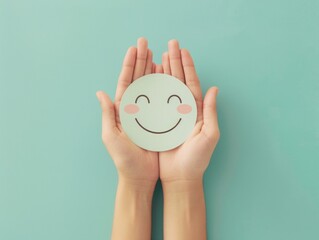 Happy smile face emoticon icon against pastel green background. Enjoying life concept. Creative concept. 	