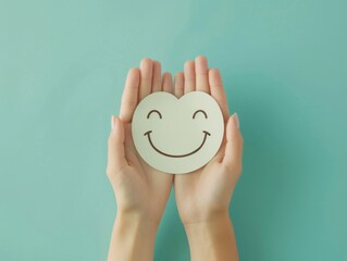Happy smile face emoticon icon against pastel green background. Enjoying life concept. Modern concept. 