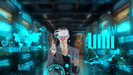 Woman reporter presenting news world market data rotating graph analysis VR future global...