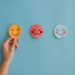 Happy smile face emoticon icons against pastel blue background. Enjoying life concept. Creative concept. 