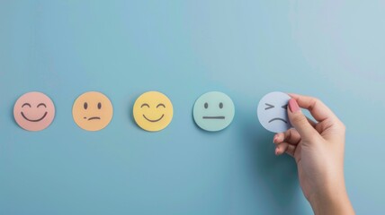 Happy smile face emoticon icons against pastel blue background. Enjoying life concept. Creative concept. 