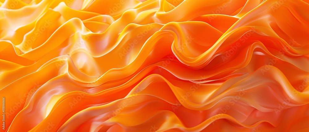 Poster Silky orange fabric with smooth, flowing waves and soft folds creating abstract background . 3d rendering