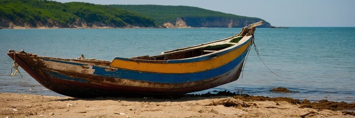 Obraz premium A fishing schooner on the shore of a picturesque bay.
