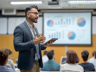 Accomplished Business Consultant Delivers Insightful Presentation to Attentive Audience in Modern Conference Room