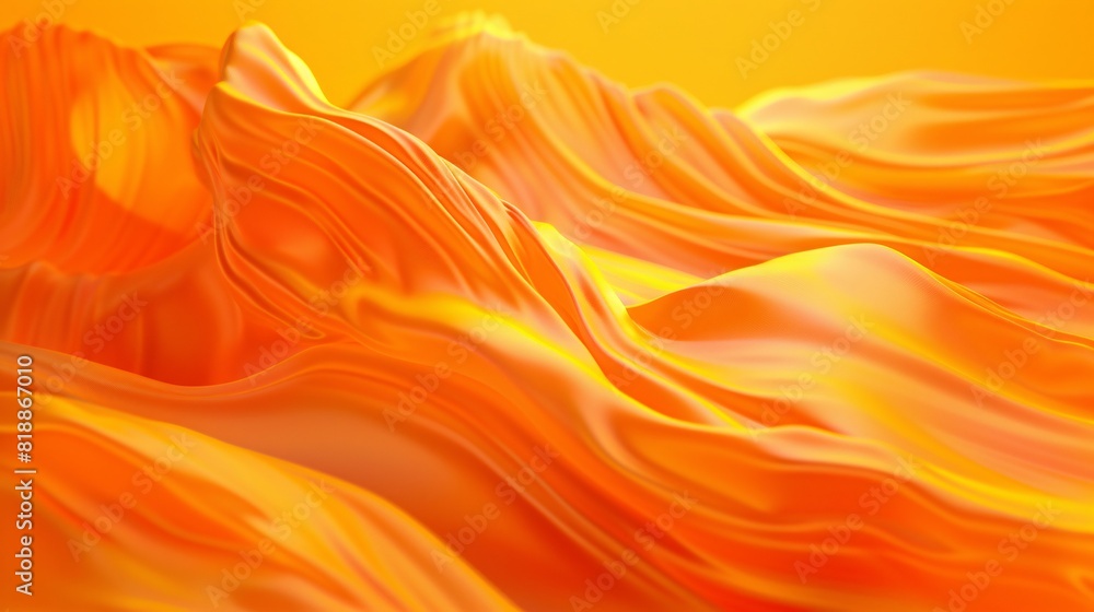 Poster Silky orange fabric with smooth, flowing waves and soft folds creating abstract background . 3d rendering