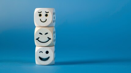 A stack of white wooden dice with different happy and sad face emoji symbols isolated against blue background with copy space.