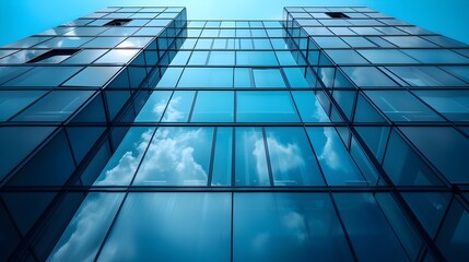 Dramatic Architectural Landscape with Reflective Glass Skyscraper in Urban Setting