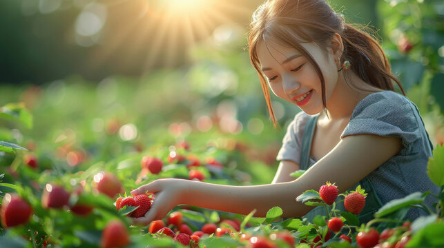 young beautiful woman picking strawberries