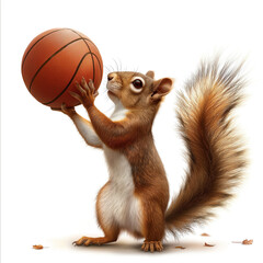  a cartoon squirrel balancing a basketball on its nose. The squirrel is standing on its hind legs on a white background.
