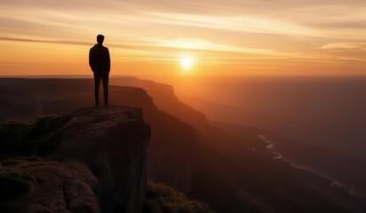 Man standing on top of cliff at sunset