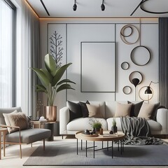 A living Room with a mockup poster empty white and with a couch and a coffee table art card design meaning realistic attractive.