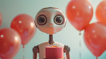 Cute robot character with big eyes, birthday party