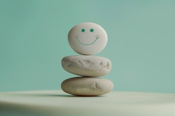 Symbolic smiling face placed on a natural pebble stone. Emotional smile and enjoying life concept. 
