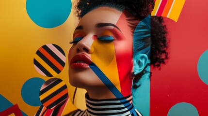 Obraz premium Avant-Garde Skincare Photo Shoot: Woman with Abstract Shapes and Bold Colors - Modern Art Aesthetics for Skincare Design
